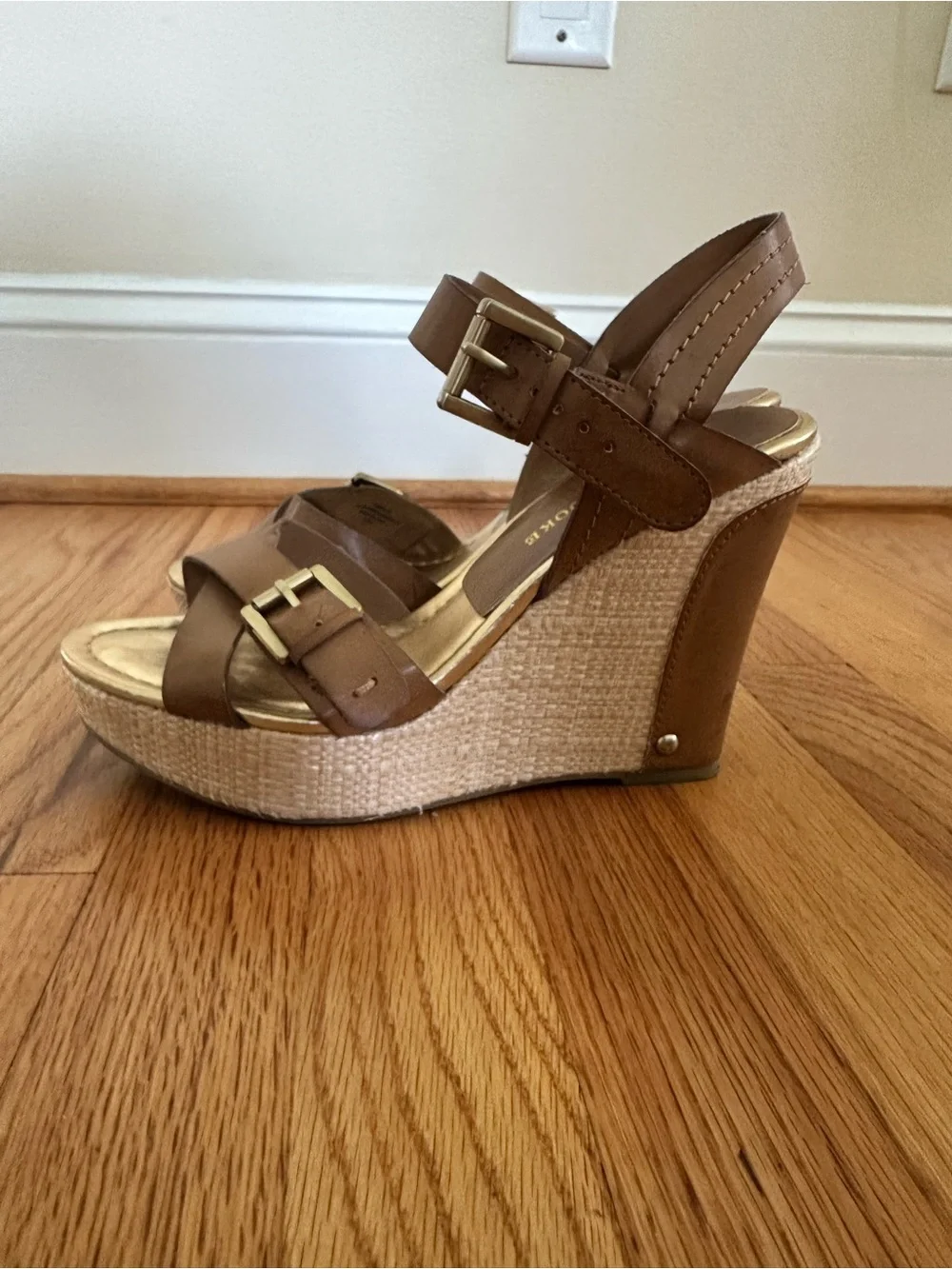 Audrey Brooke Tan Leather Crisscross Wedge Sandals